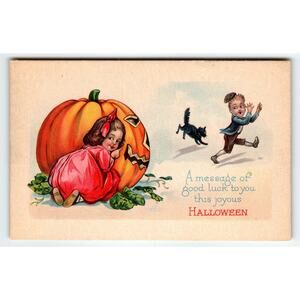 Vintage 1907-1915 Halloween Postcard Girl with Pumpkin & Black Cat